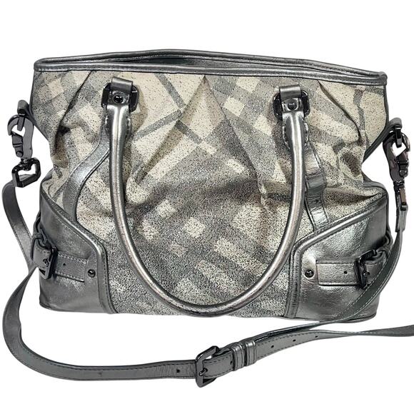 Burberry Pilgrim Tote Shoulder Bag Metallic Grey Beige Canvas Check Shopping - Picture 1 of 16